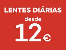 Lentes de contacto di&aacute;rias destacadas sobre fundo vermelho com texto promocional a partir de 12&euro;